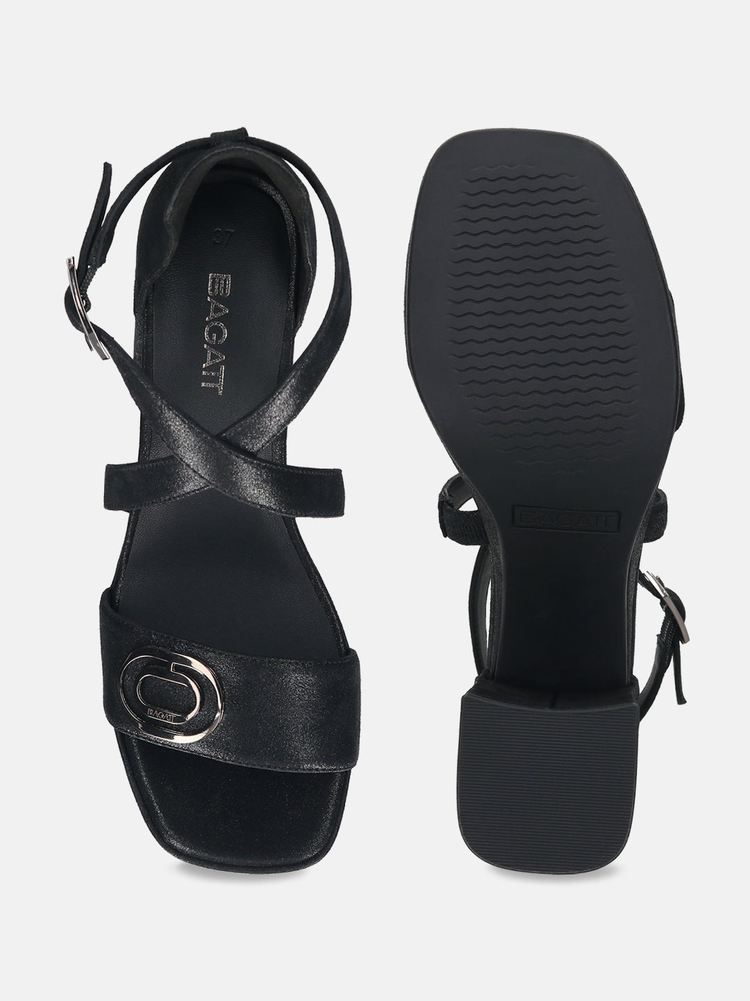 BAGATT Premium Leather Black Ankle Strap Heels