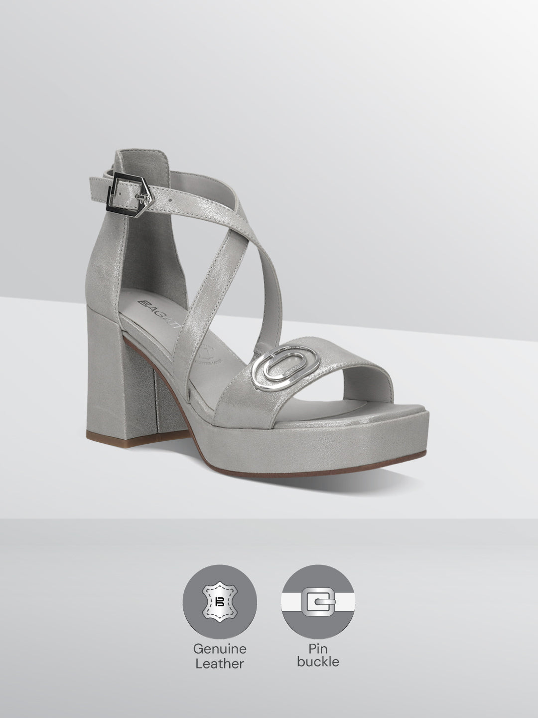 BAGATT Cesena Silver Premium Leather Ankle strap Heels