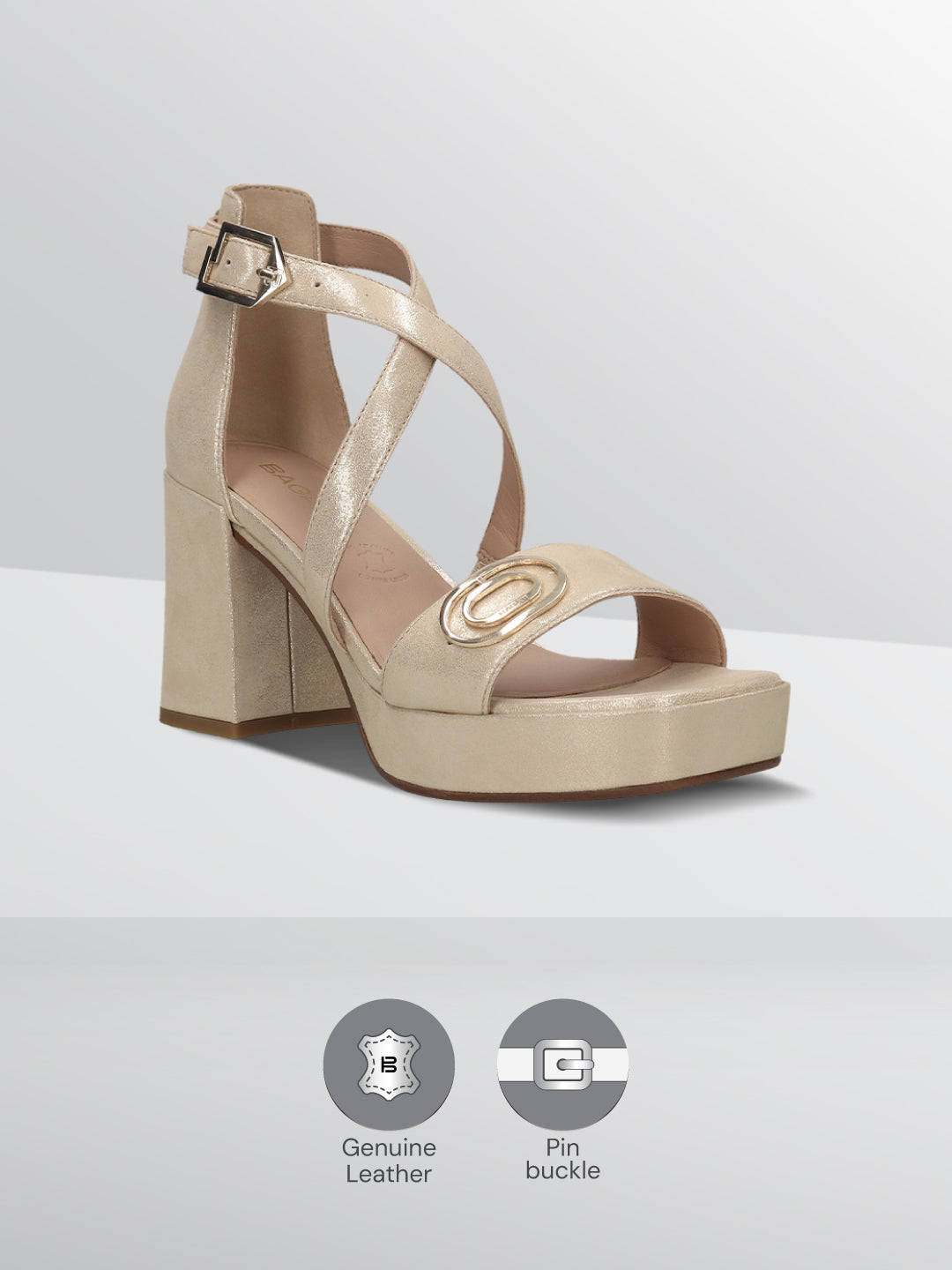 BAGATT Cesena Beige Premium Leather Ankle Strap Heels