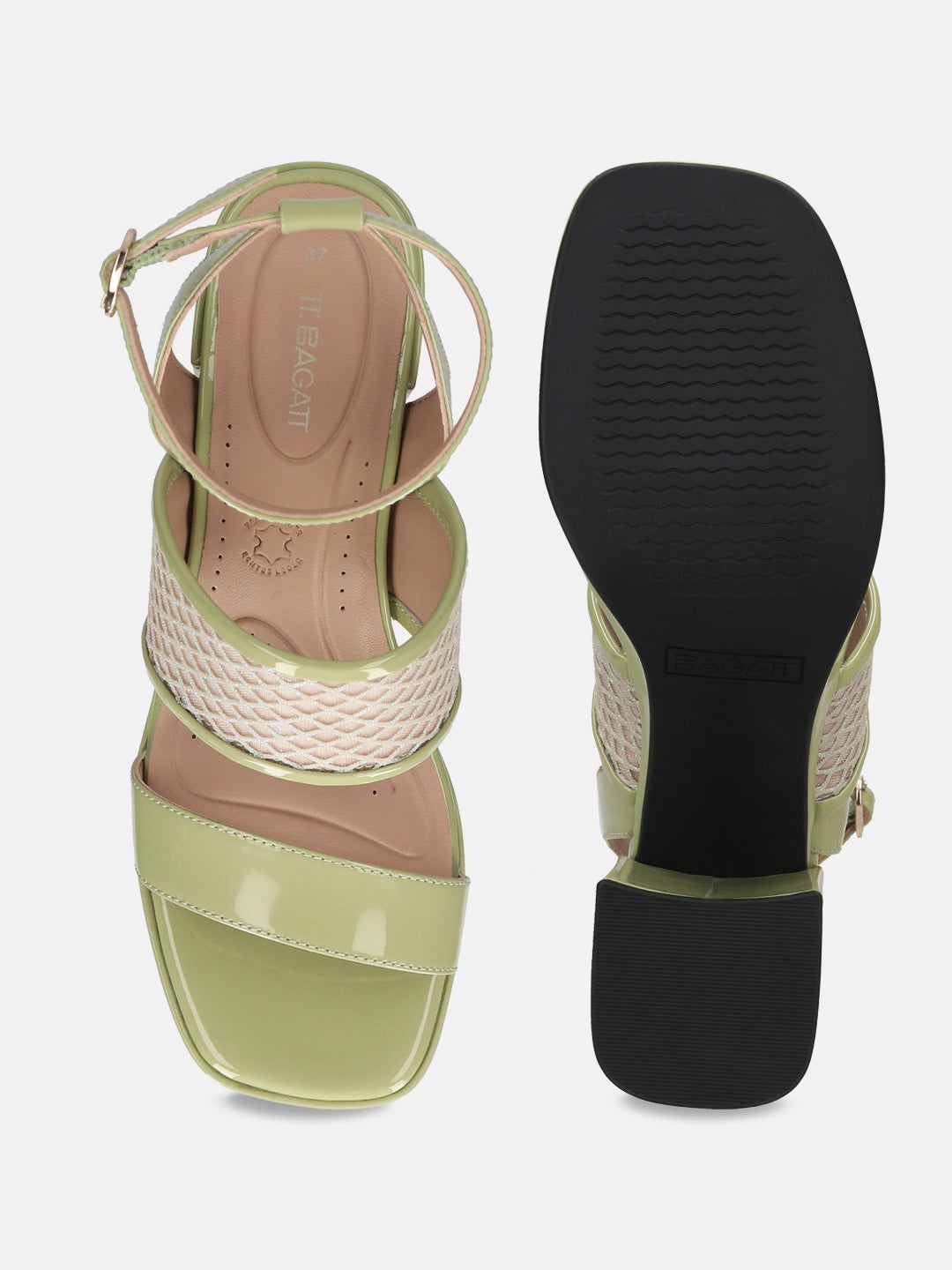 BAGATT Light Green & Metalics Premium Leather Block Heels