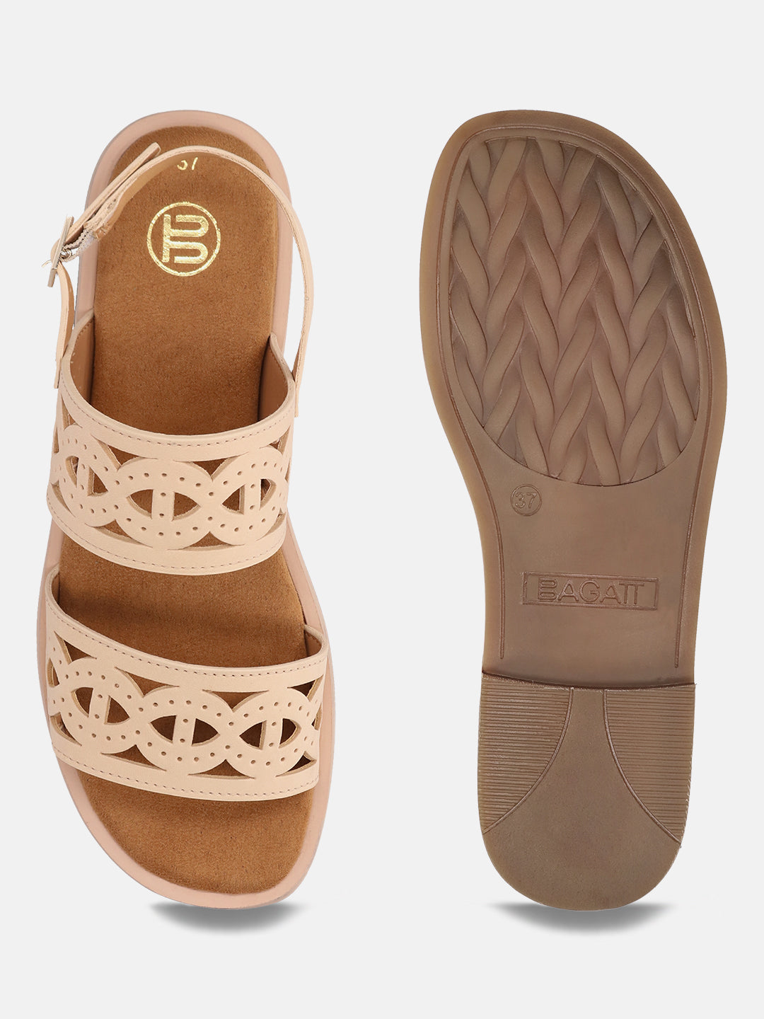 BAGATT Yasha Beige Premium Leather Back Strap Flat Sandals