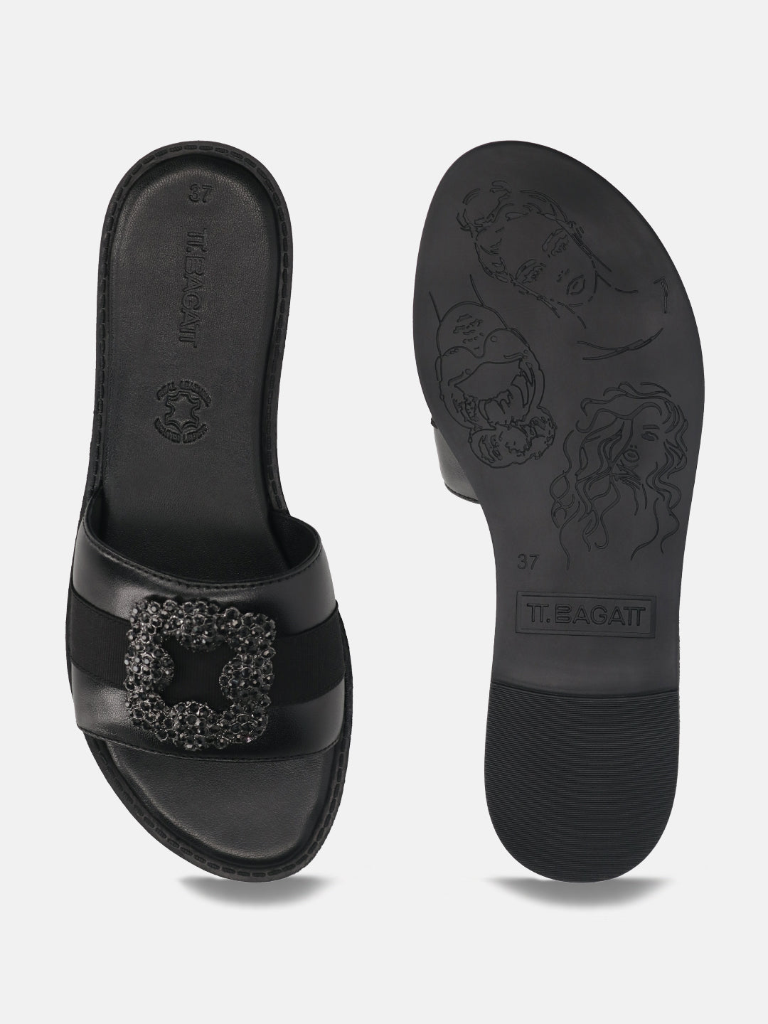 TT.BAGATT Goldy Black Premium Leather Flat Sandals