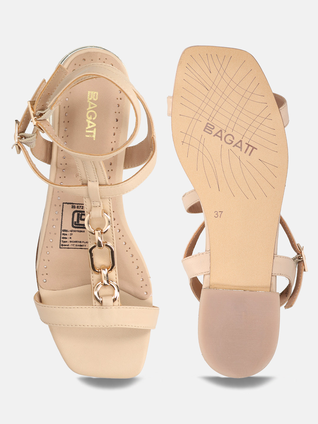 BAGATT Glaze Beige Premium Leather Ankle strap Flat sandals