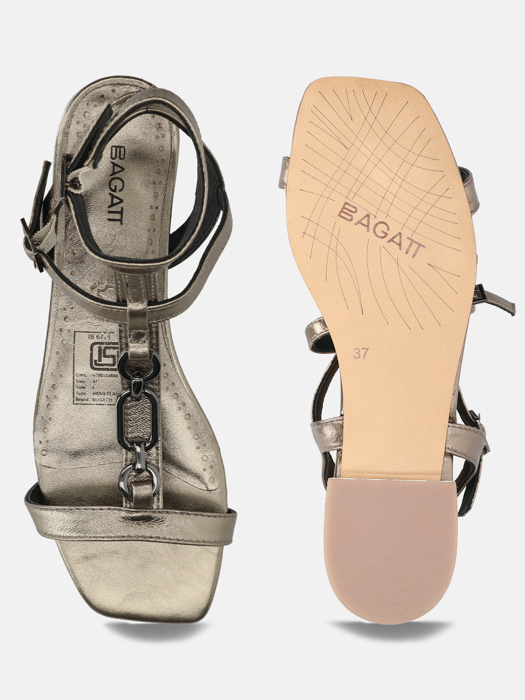 BAGATT Glaze Metallics Premium Leather Ankle strap Flat sandals