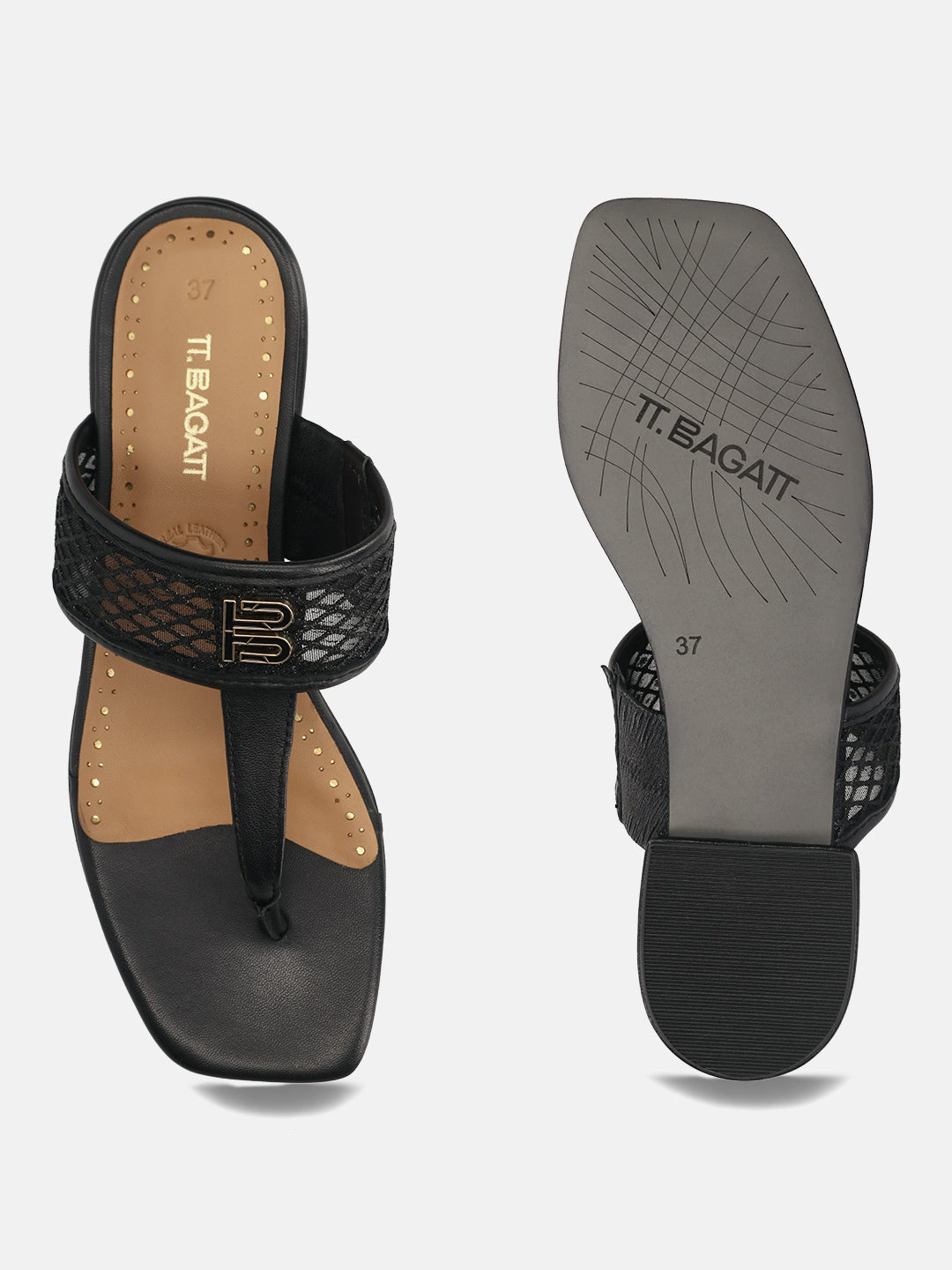 TT.BAGATT Glaze Black Premium Leather Flat Sandals