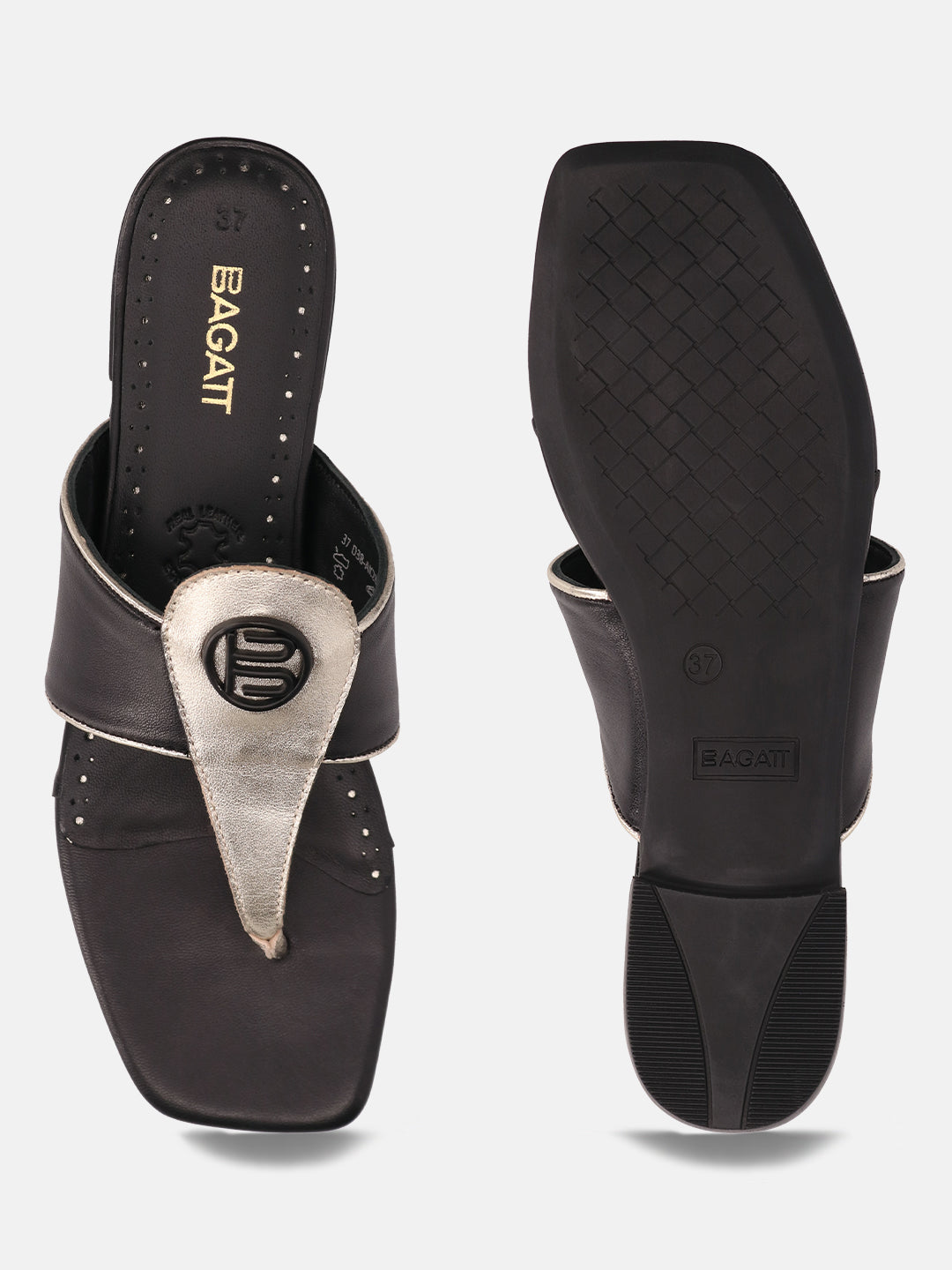 BAGATT Mala Black Premium Leather Thongs Flat sandals