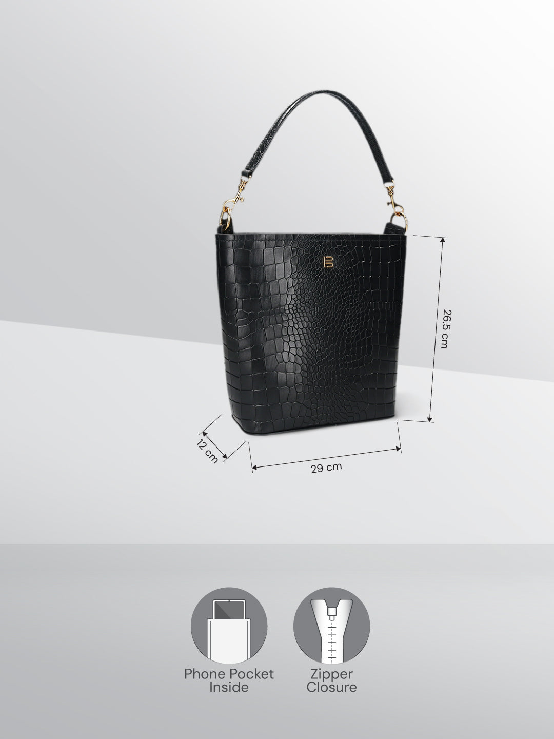 BAGATT Black Croco Leather Basket Hobo Bag