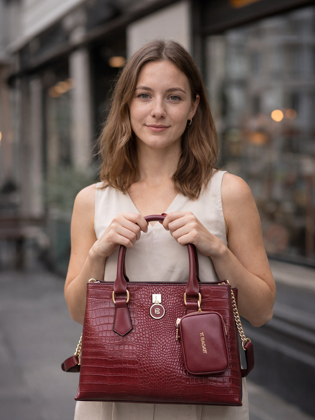 TT.BAGATT Wine Croco leather Satchel Handbags