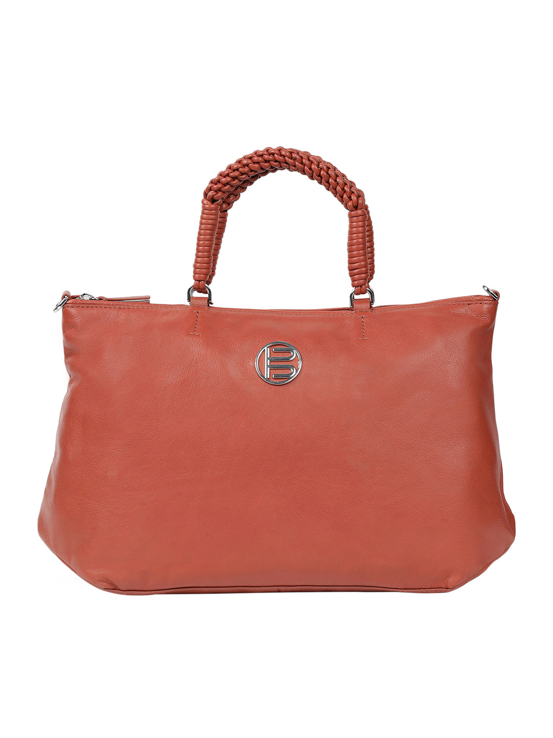 Sparone Light Brown Leather Braided Handle Shoulder Bag