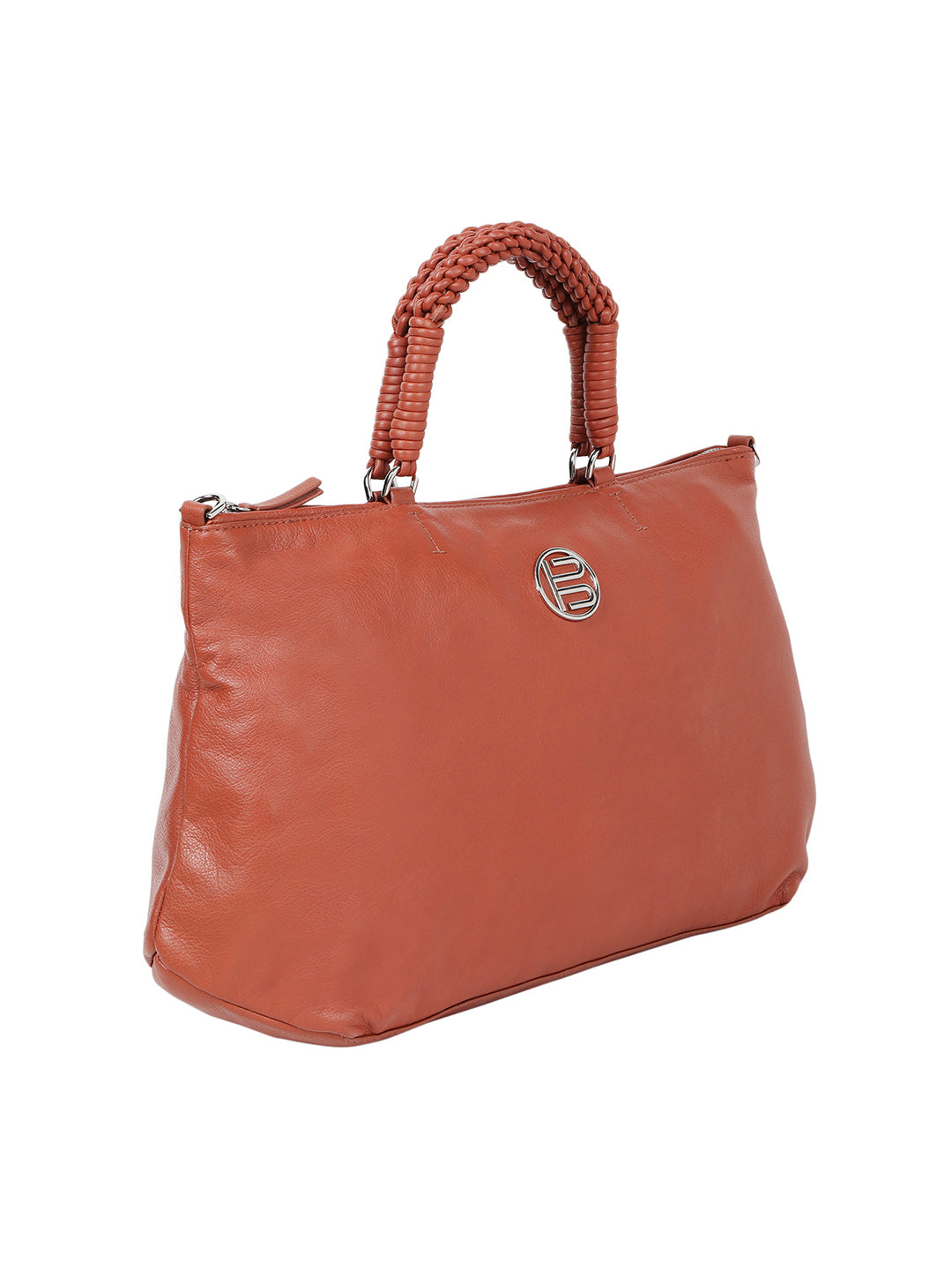 Sparone Light Brown Leather Braided Handle Shoulder Bag