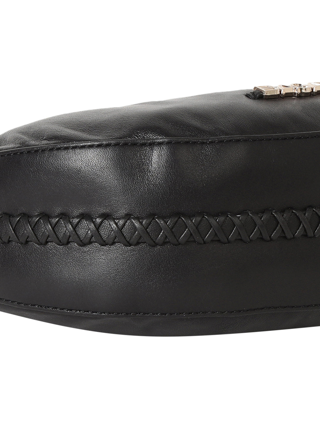 Bretna Black Leather Weaved Shoulder Bag