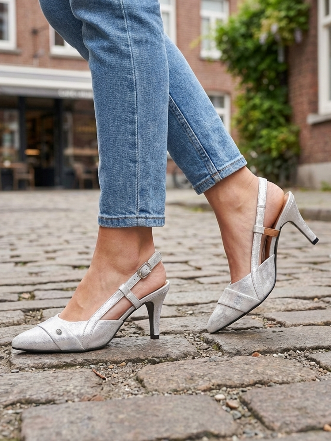 BAGATT Jemila Silver Premium Leather Back Strap Heels
