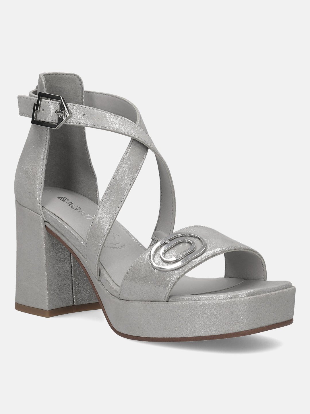 BAGATT Premium Leather Silver Ankle Strap Heels