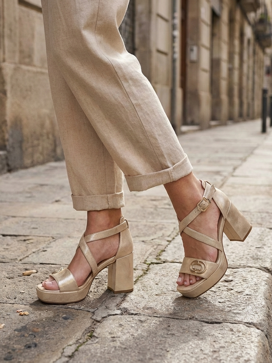 BAGATT Cesena Beige Premium Leather Ankle Strap Heels