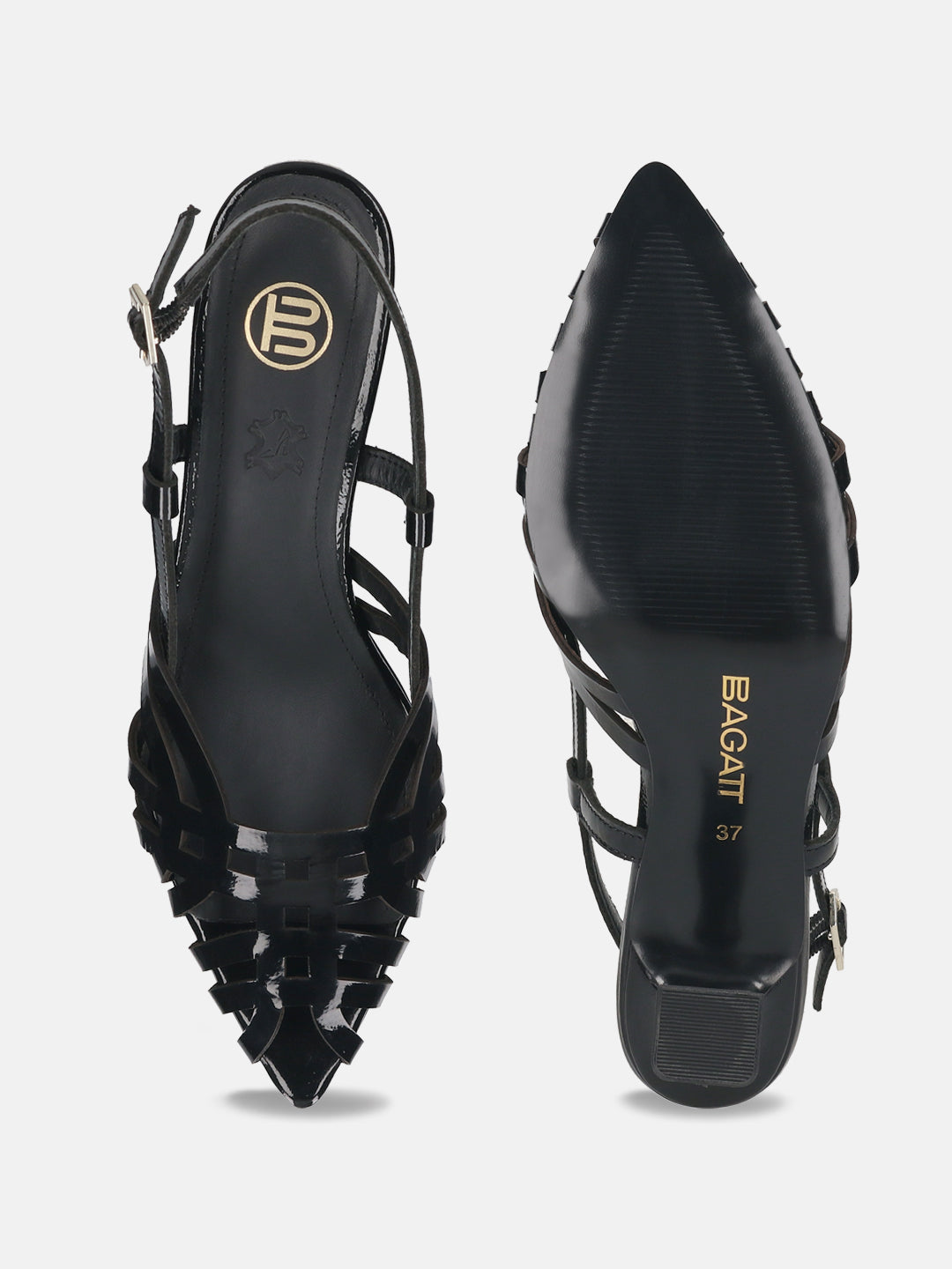 Varese Black Leather Back Strap Heels