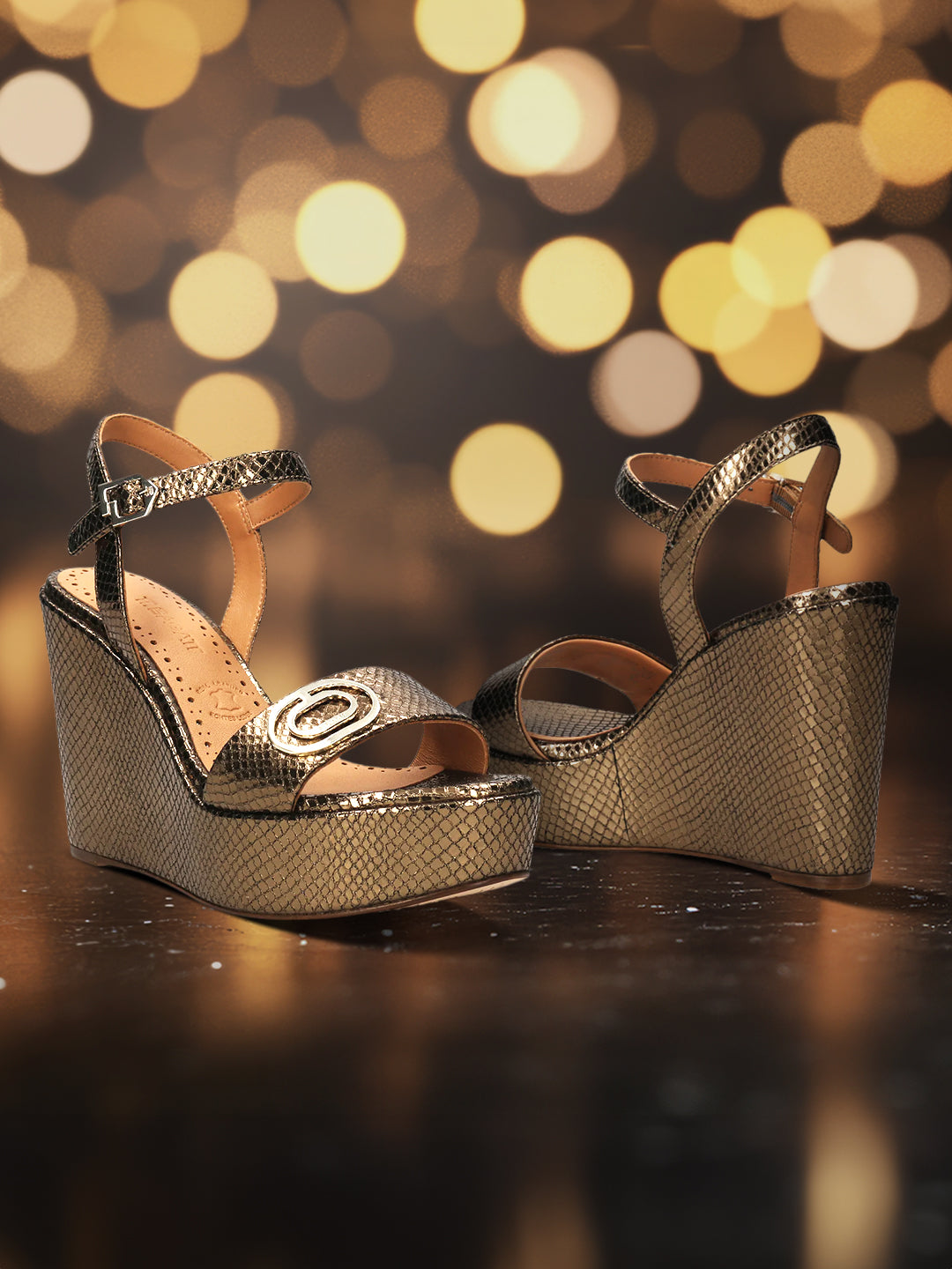 BAGATT Gold & Reptile Print Premium Leather Heels