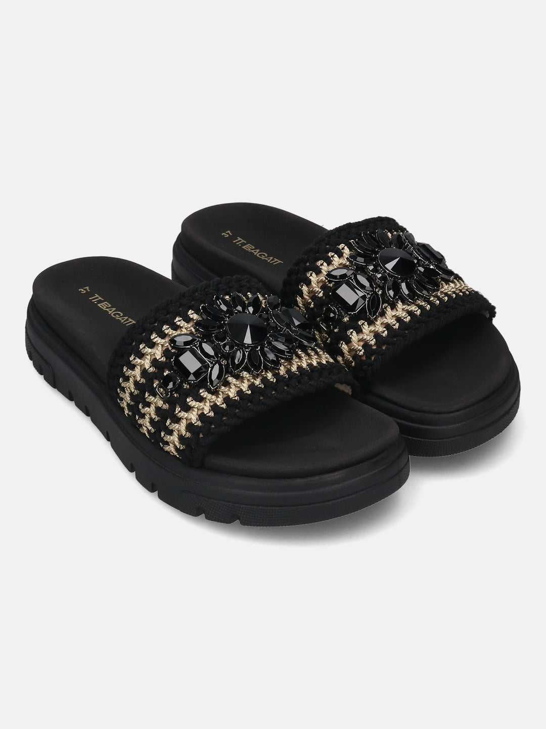 BAGATT Black & Gold Flatforms Sandals