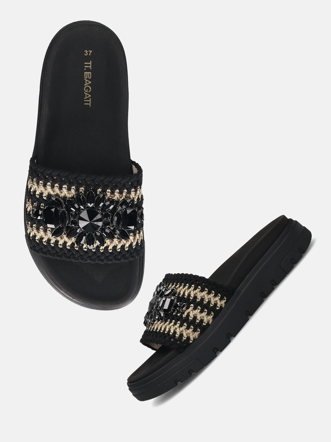 BAGATT Black & Gold Flatforms Sandals