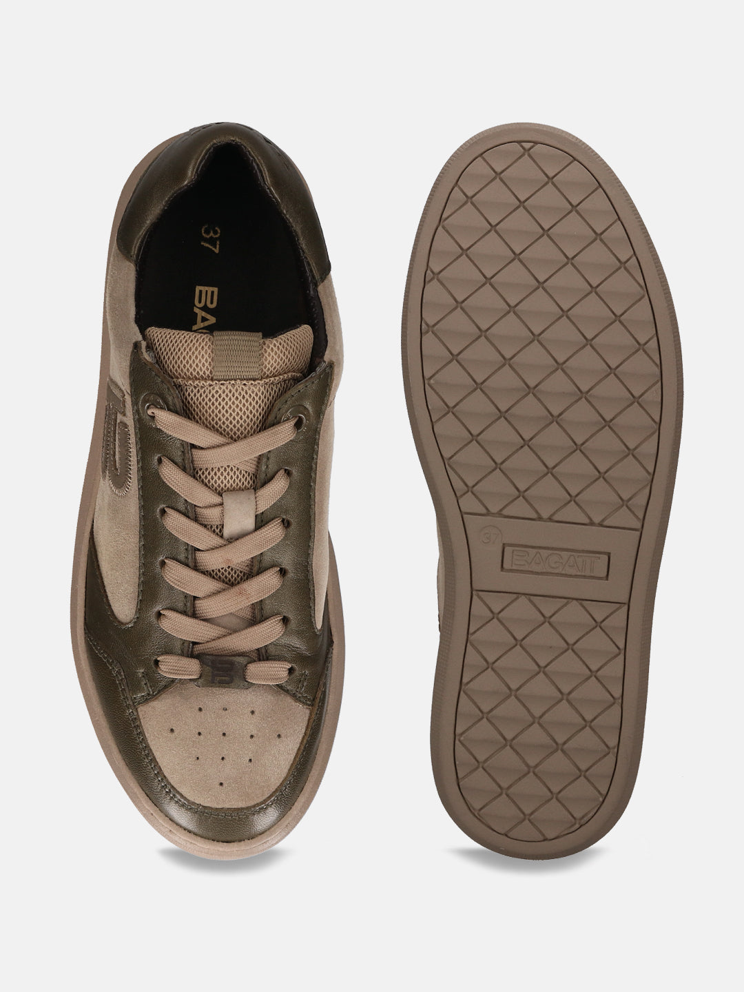 Gina Taupe & Dark Green Leather Mid Top Sneakers