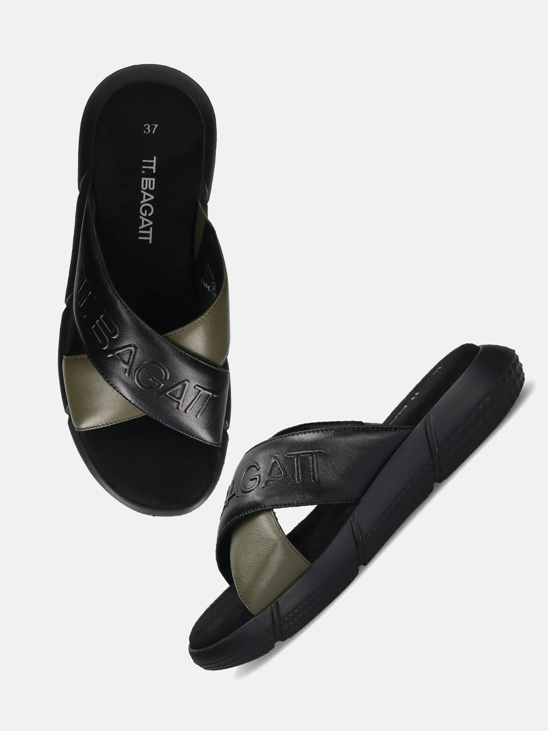 BAGATT Black Dark Green Premium Leather Sandals