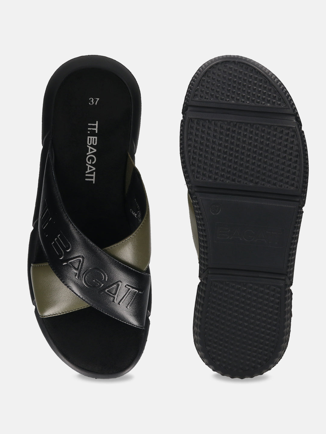 BAGATT Black & Dark Green Premium Leather Sandals