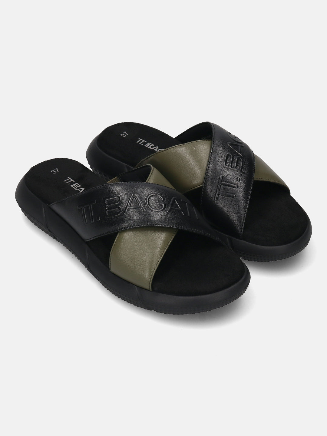 BAGATT Black & Dark Green Premium Leather Sandals