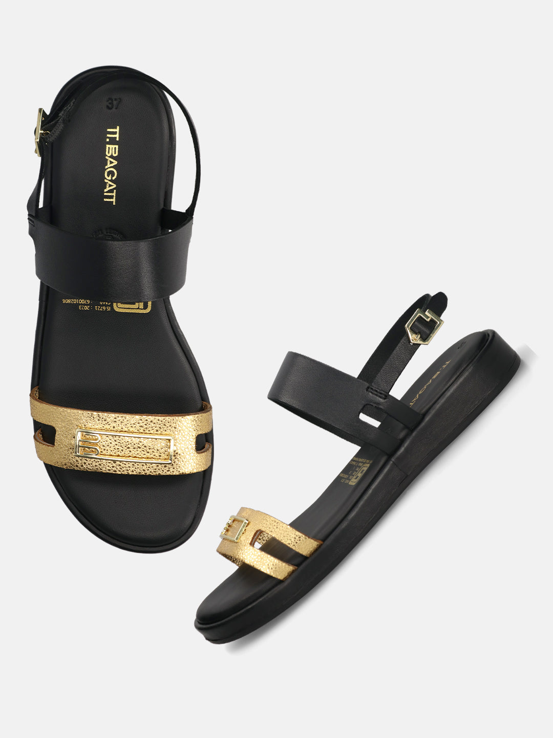 BAGATT Black & Gold Premium Leather Sandals