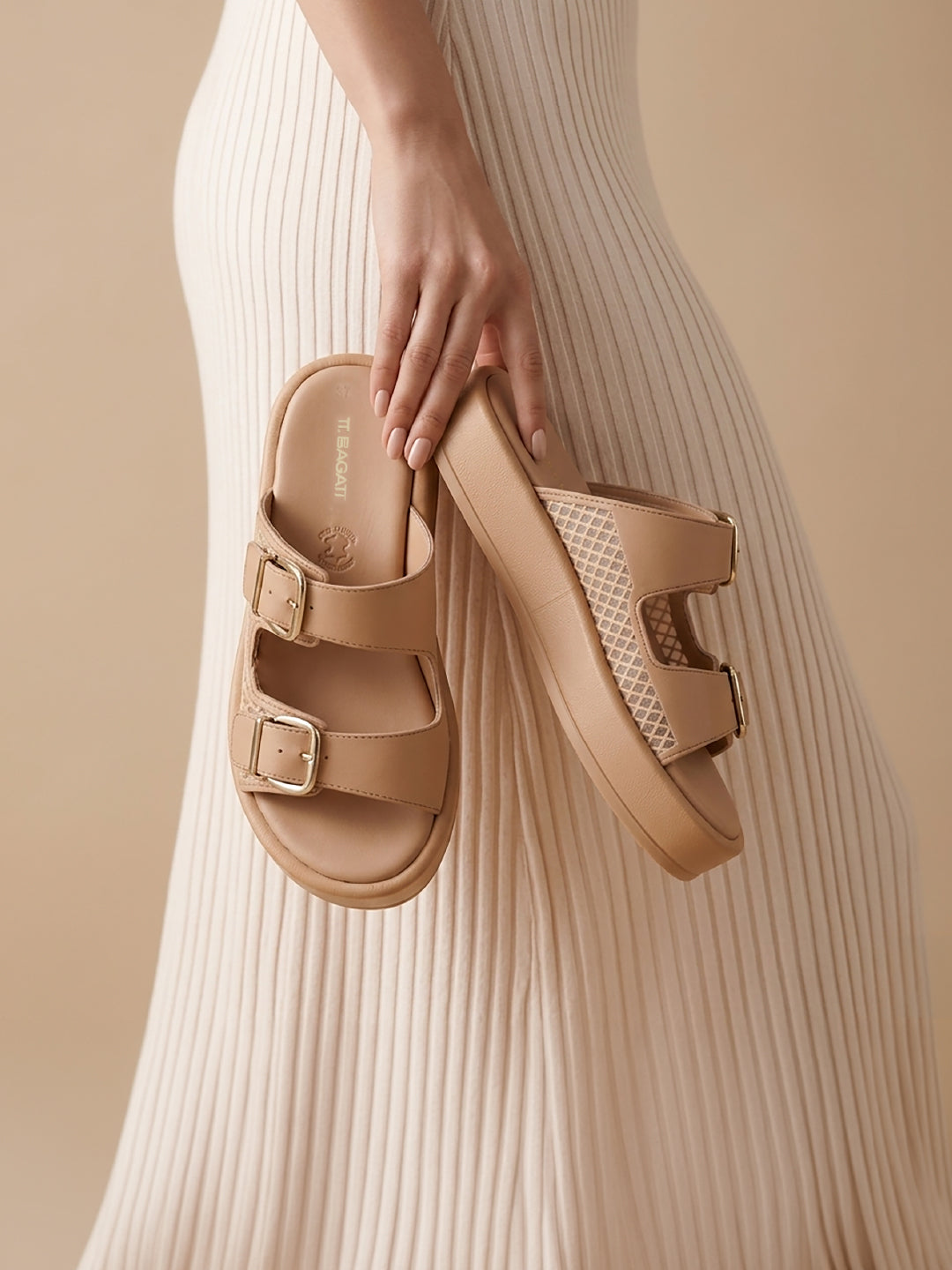 TT.BAGATT Hanoi Beige Premium Leather Flatform Sandals