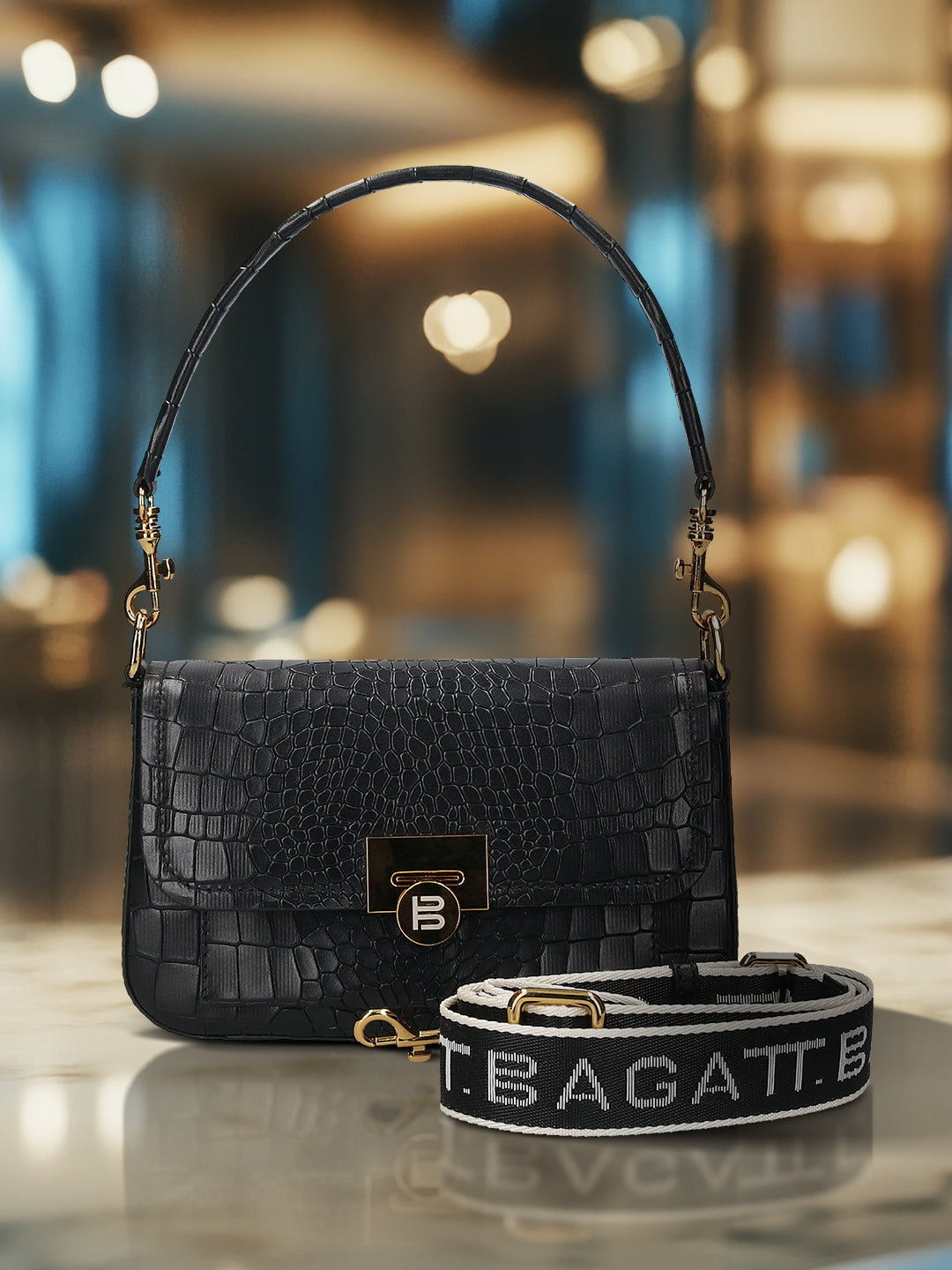 BAGATT Black Croco Leather  Cross body bag